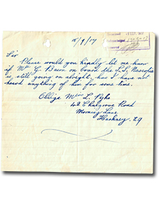 handwritten letter dated 15/9/14 “Sir, Please would you kindly let me know if Mr. G. Bacon on board the S. S. Nascopie is still going on alright as I have not heard anything of him for some time. Oblige Miss L. Pyke, 42 Chalgrove Road, Morning Lane, Hackney, Eq.”