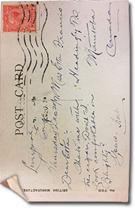 Back of Postcard from Herb to his brother Charles. It reads: “Sunday. Dear Chas, Read your card. How did you like G.? Did you find your way alright? Things here just the same as ever. No mail from home yet. A Merry xmas to you also best regards. Yours, Herb. 186114, Sgt. C. R. Francis. 2 Kirkstall Rd. Strawbarry Hill. London, S. W. Eng.”